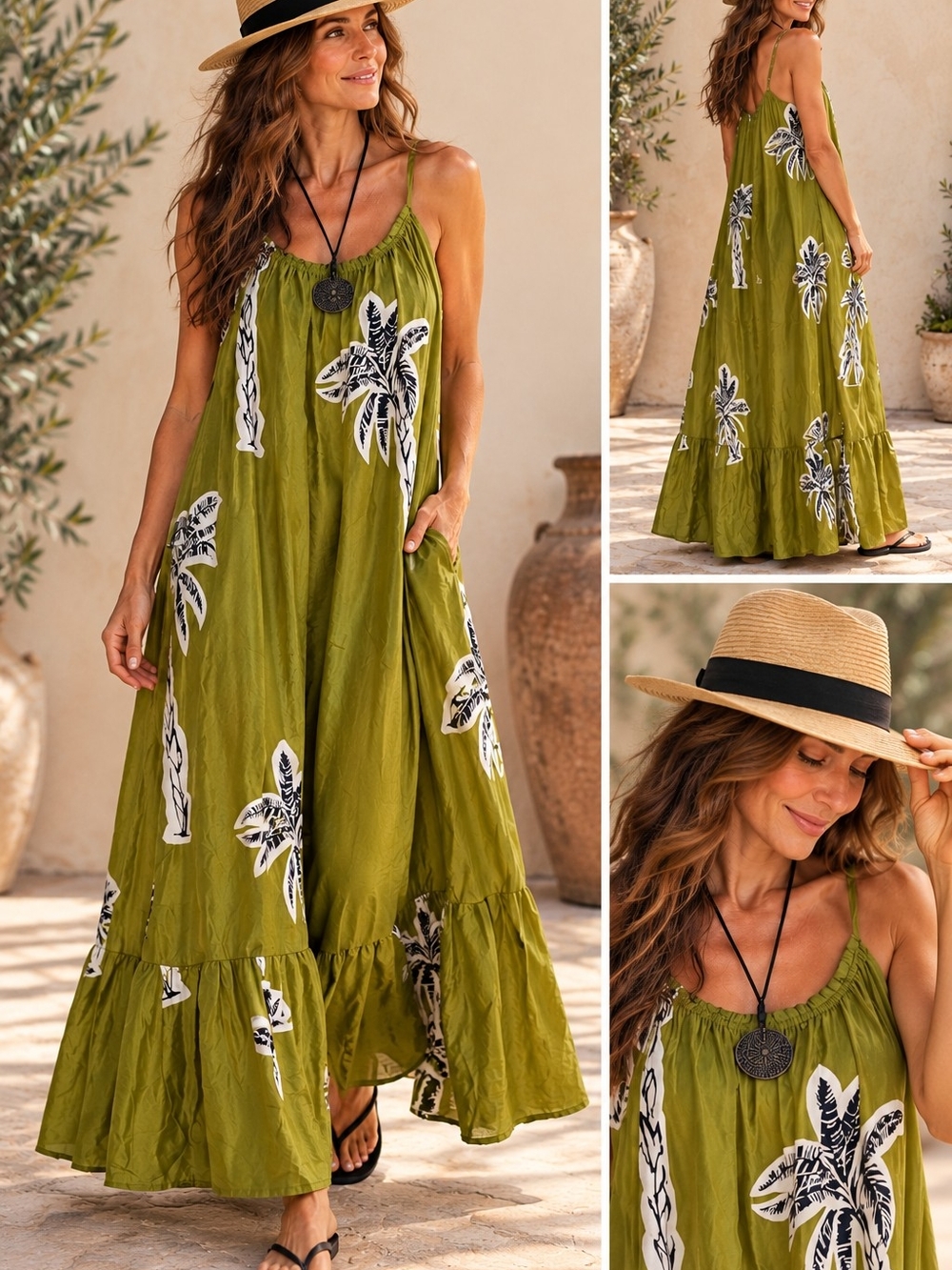 True Destinations Green Maxi Dress with White and Black Leaf Print. Gorgeous!